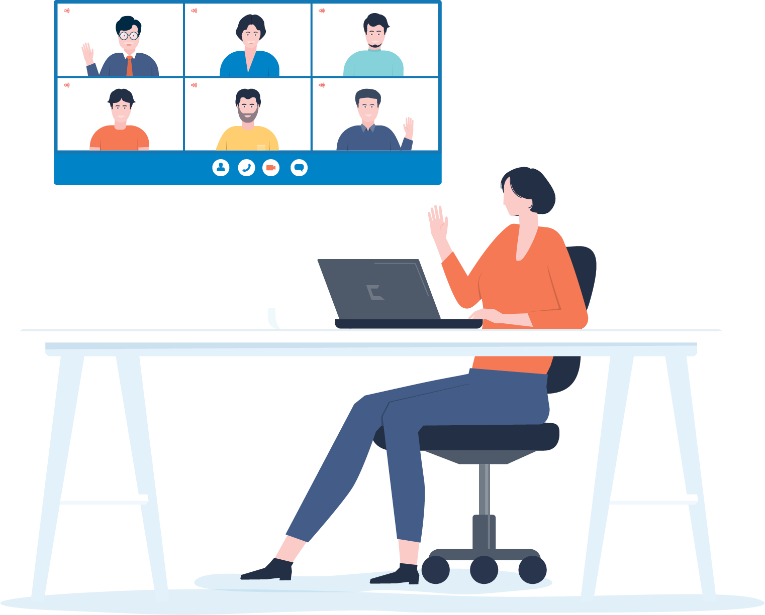 Person sitting at desk on their laptop and participating in a video meeting