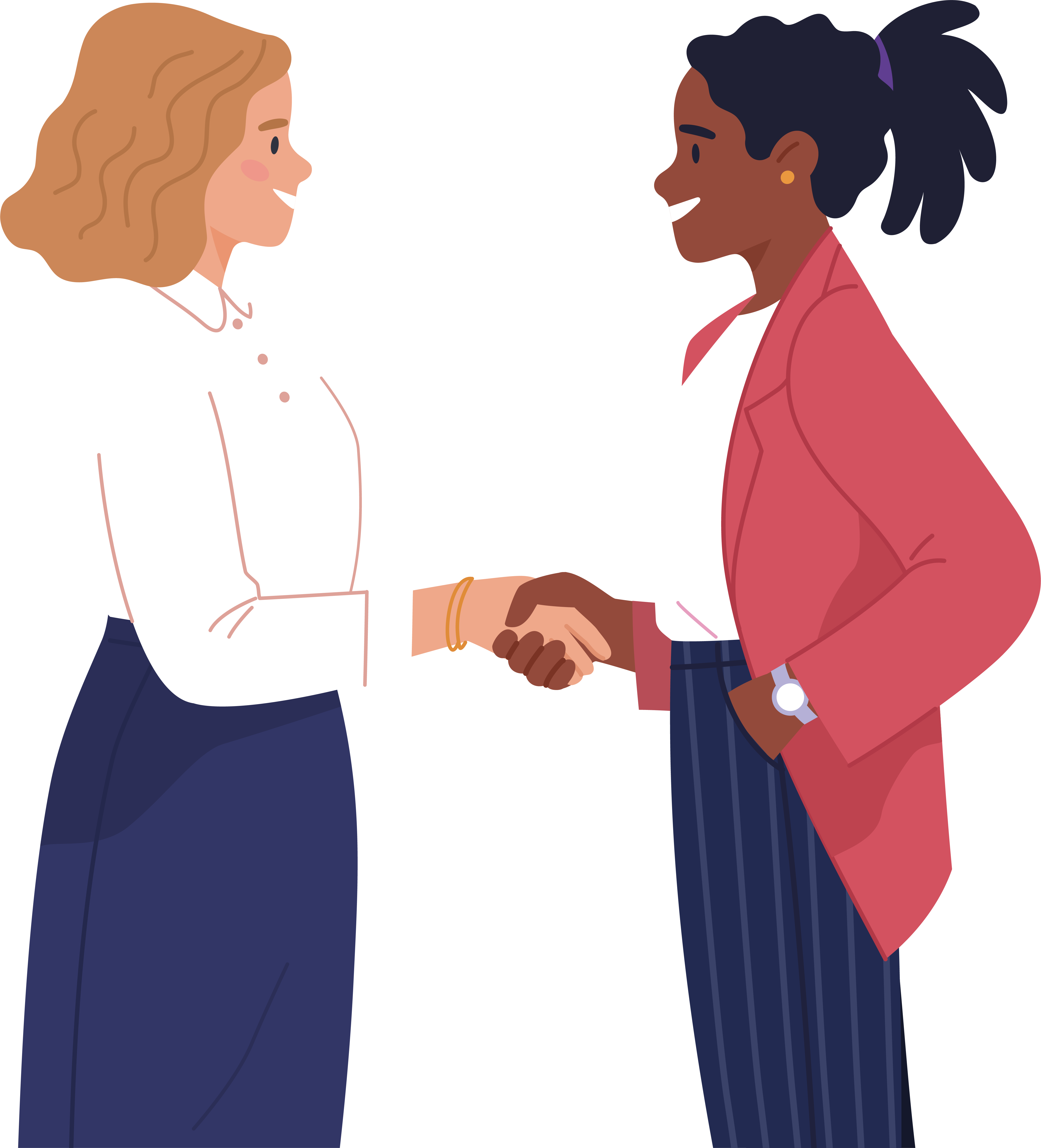 Two businesswomen shaking hands and smiling at one another
