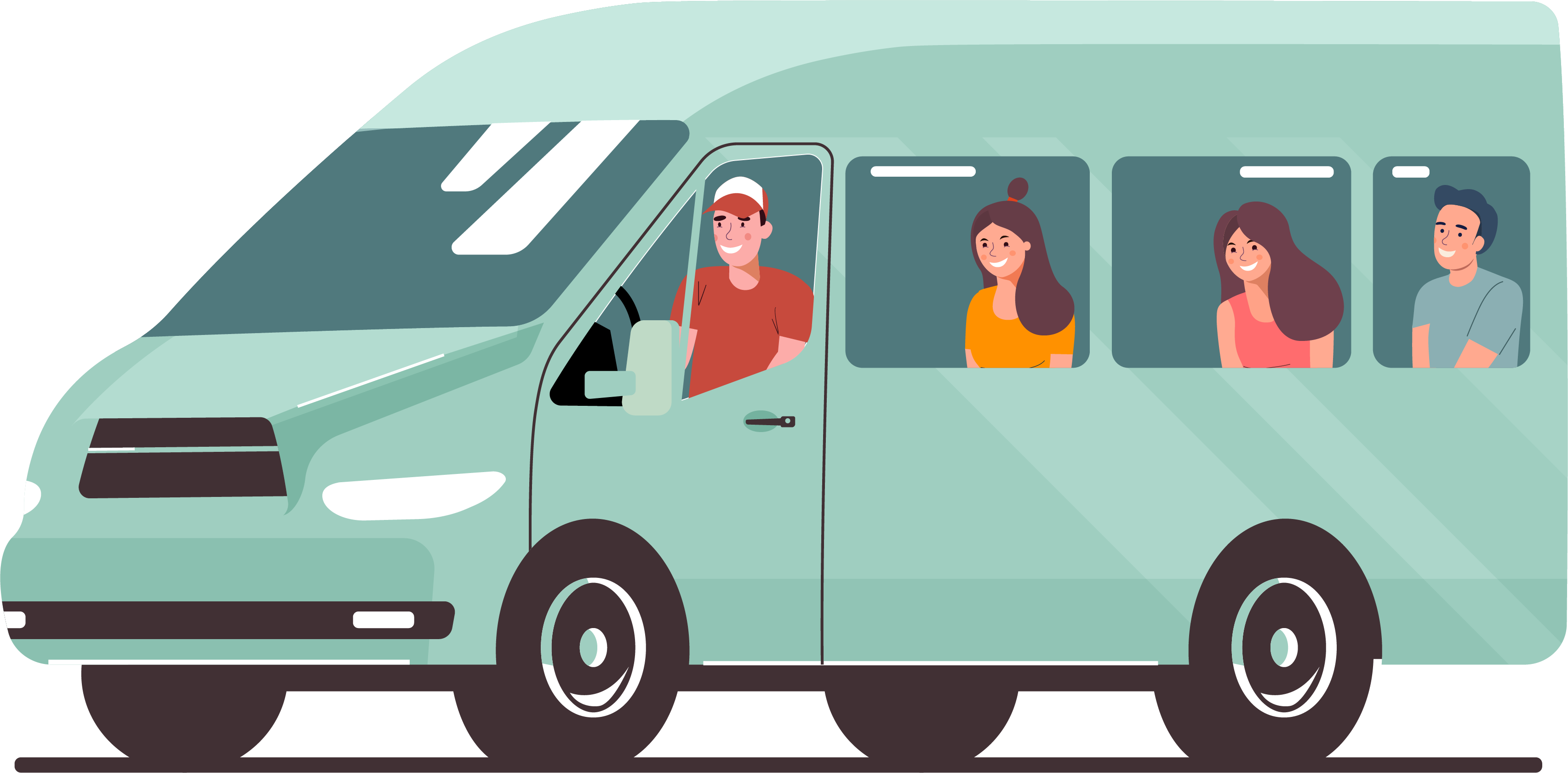 Green illustrated van with smiling passengers